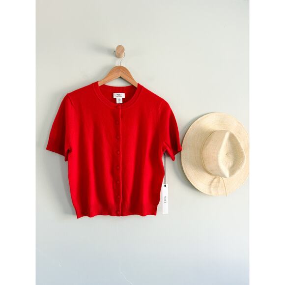 Wilt | NWT 100% Cashmere Short Sleeve Cardigan in Red | Sz M - Picture 1 of 9